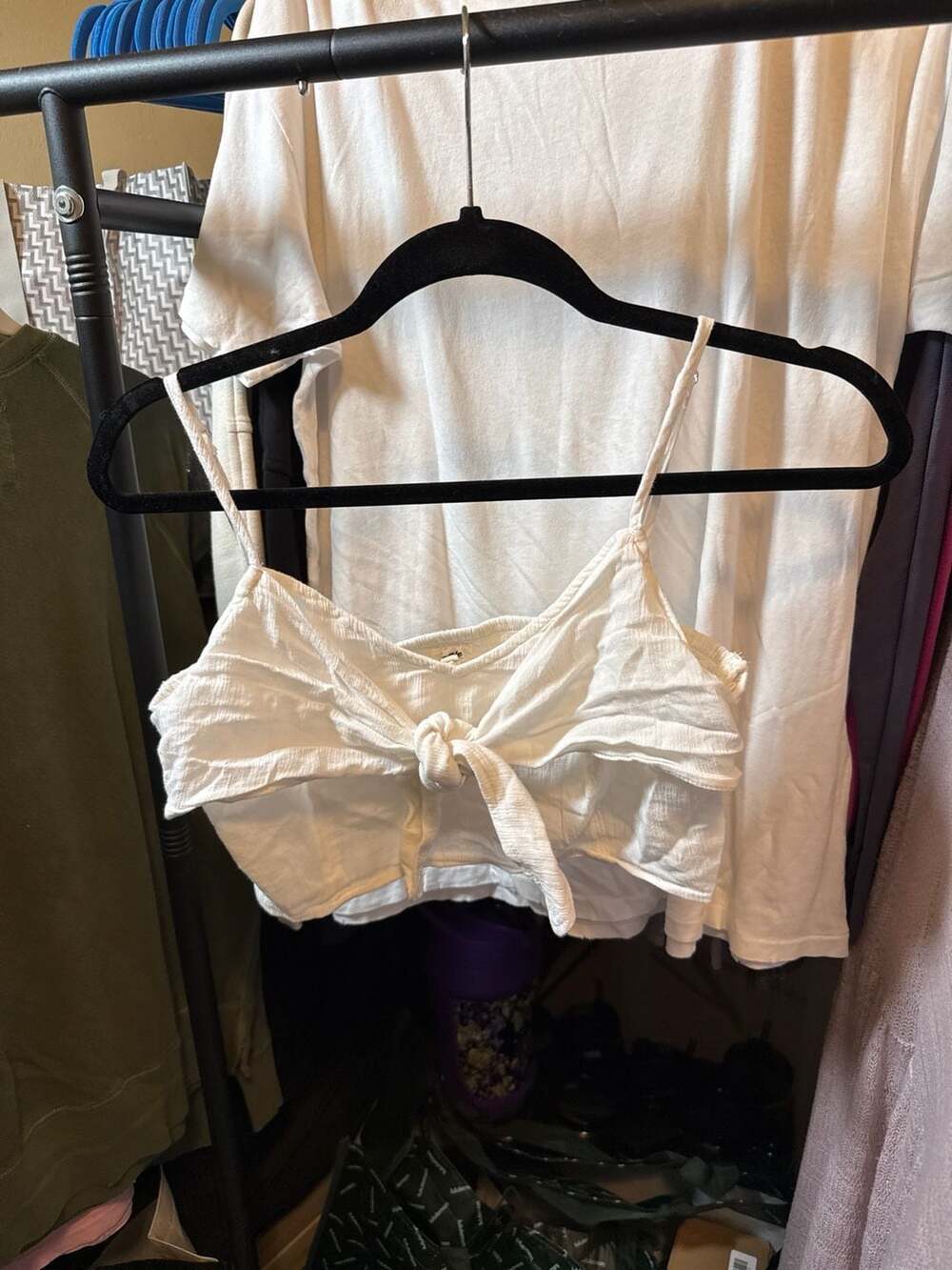 Aerie White Knotted Tie-Front Smocked Back Crop Top